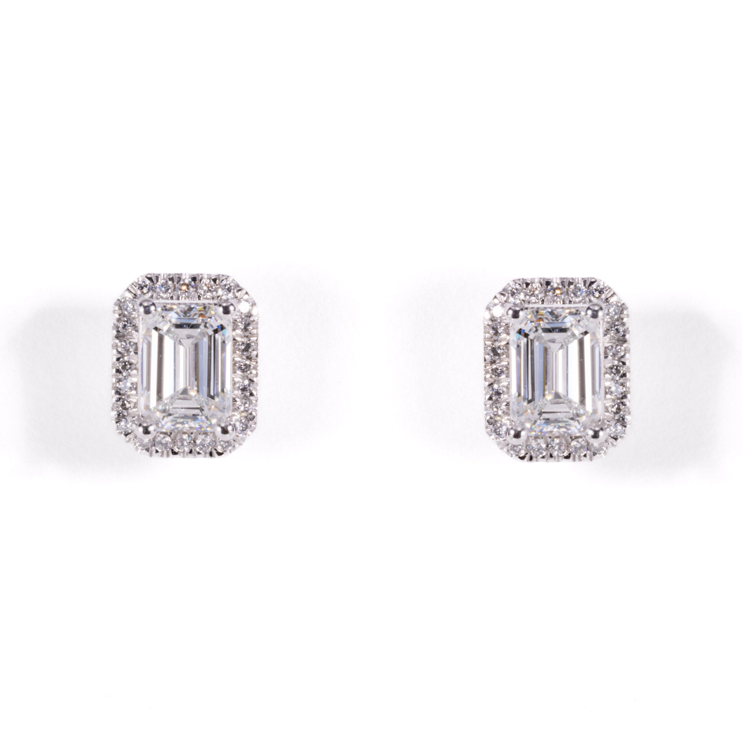 White Gold Emerald Diamond Halo Stud Earrings