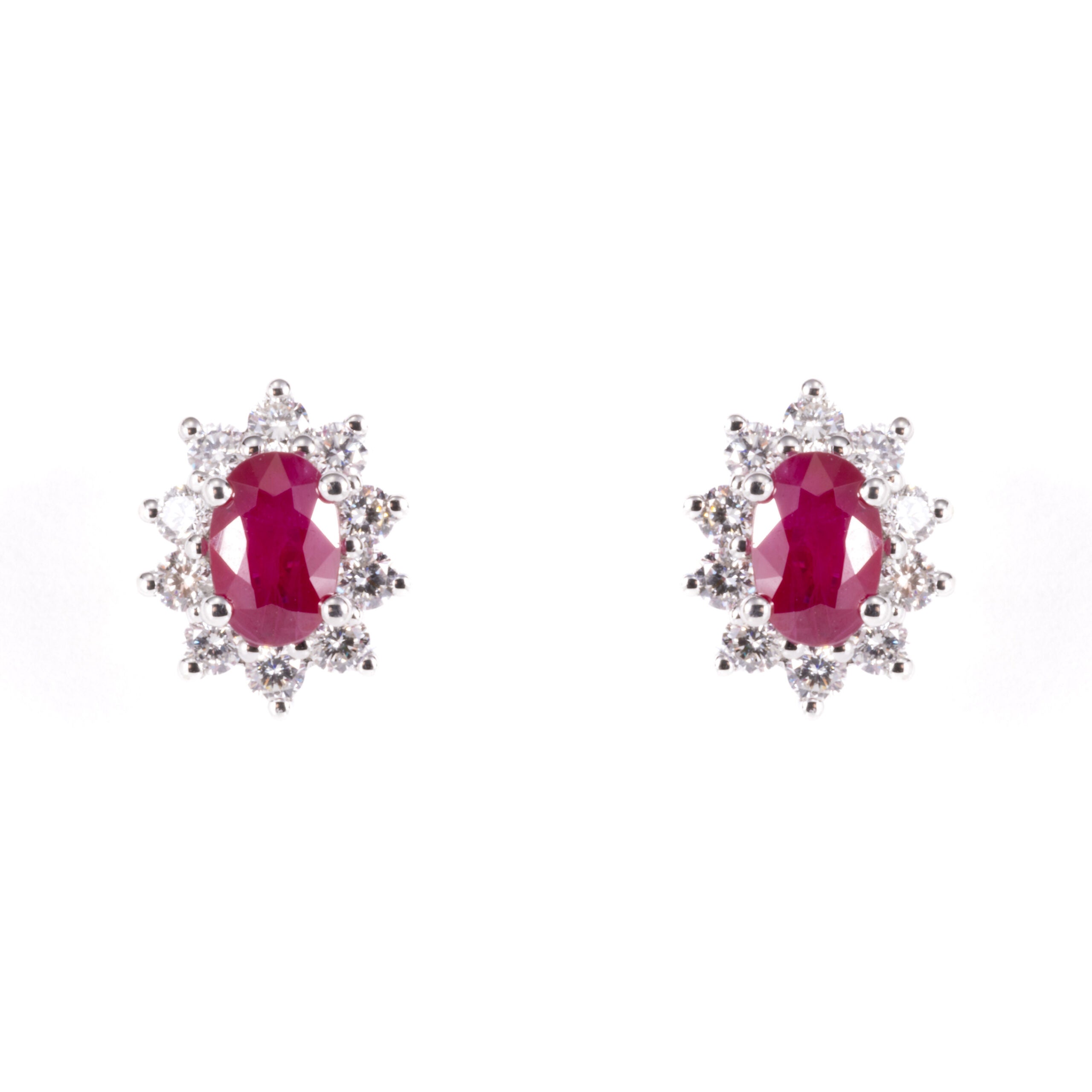 Oval Ruby And Diamonds Cluster Earrings