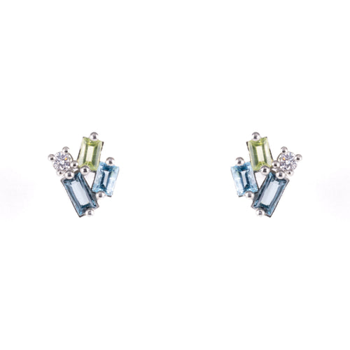 Baguette Blue And Green Sapphires & Diamond Earrings