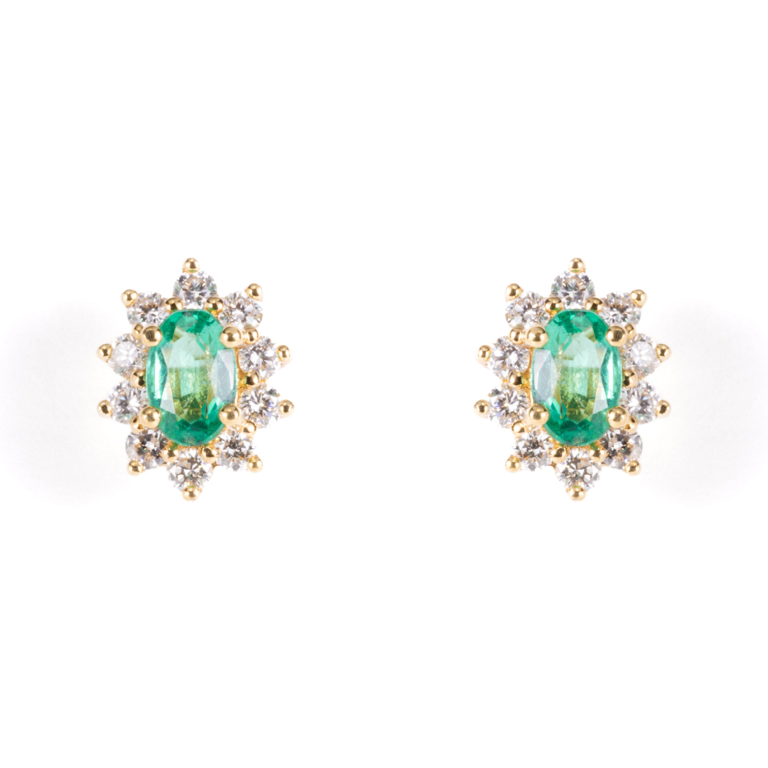 Yellow Gold Emerald And Diamond Cluster Stud Earrings