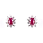 Oval Ruby And Diamonds Cluster Earrings
