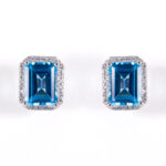 White Gold Blue Topaz & Diamonds Stud Earrings