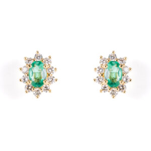Yellow Gold Emerald And Diamond Cluster Stud Earrings